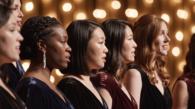 women in formal dresses singing highlighting geometric patterns and contemporary art