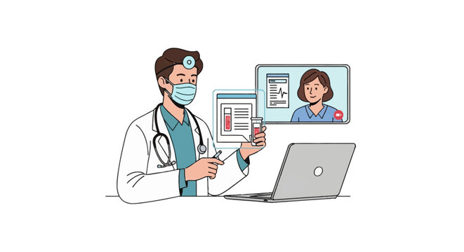 Male doctor wearing a face mask and stethoscope conducting a remote video consultation on a laptop while reviewing blood test lab results and medical reports with a female patient.