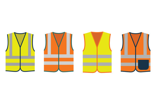 High visibility safety vest collection yellow orange reflective stripes vector illustration