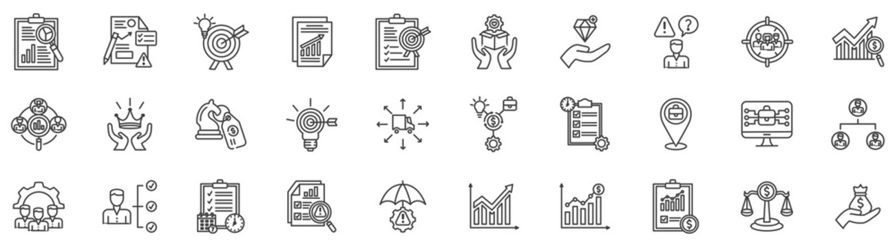 Business Plan in outline icon set. Contain Management Team, Vision Mission, Target Market, Marketing Strategy, Financial Plan