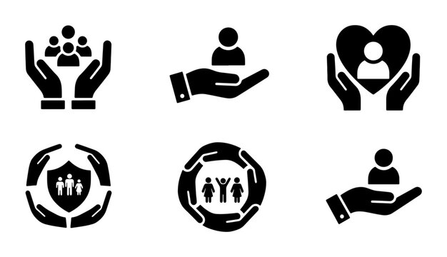 Set of 6 Human Care Icons, People Protection Symbols, Community Support Graphics, Social Welfare Vector Elements, Health Safety Concepts, Human Resources Icons