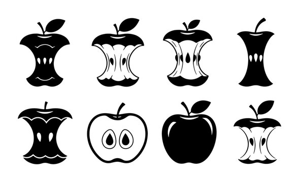 Apple Core Vector Icons Set, Black and White Fruit Stumps, Healthy Food Remnants, Bite Marks, Graphic Elements for Design
