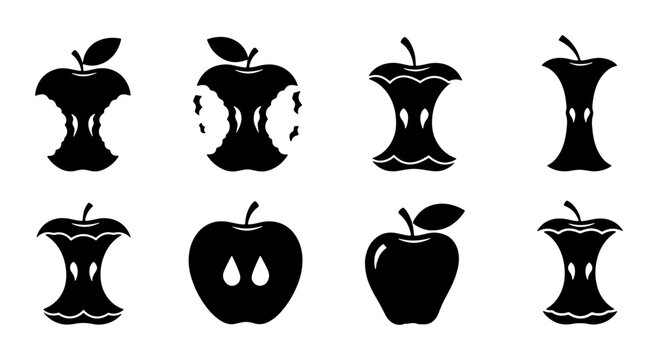 Apple Core Vector Icons Set, Whole Fruit Silhouettes, Healthy Food Graphics, Organic Waste Symbols, Black and White Design Elements