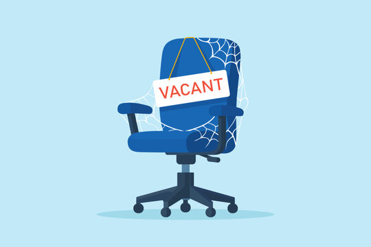 Flat illustration of empty office chair with cobweb and vacant sign representing job vacancy hiring freeze unfilled position and recruitment