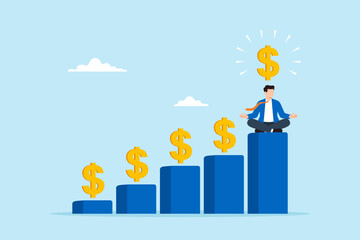 Flat illustration of businessman meditating on highest rising bar chart with dollar signs representing financial growth investment success wealth building and calm mindset © VZ_Art