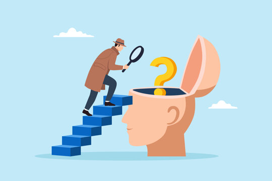 Flat illustration of detective walking upstairs into open human mind using magnifying glass representing psychology investigation mystery insight and inner thoughts