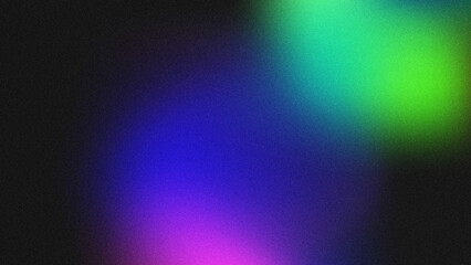 Obraz premium Abstract grainy gradient background with vibrant purple, blue, and neon green light glows on a black base.