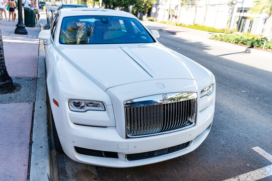 Miami, Florida, USA - July 27, 2025: Rolls Royce Ghost Series II 2015 ultra luxury sedan car. Luxury SUV car Rolls Royce Ghost Series II. Car Ghost Series II parked outdoor. White car, corner view