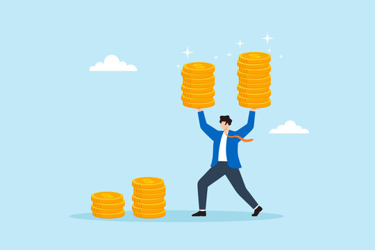 Flat illustration of businessman lifting increasing coin stacks symbolizing compound interest financial expansion investment return wealth building and passive income growth