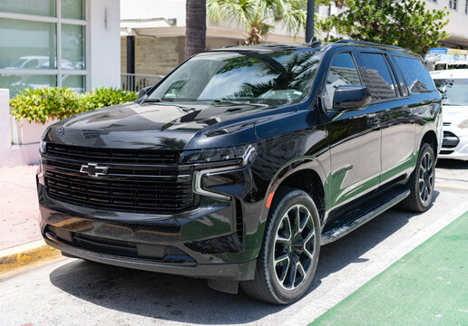 Miami, Florida, USA - July 27, 2025: Chevrolet Suburban 2023 SUV. RST Rally Sport Truck. Luxury SUV car Chevrolet Suburban. Car Chevrolet Suburban parked outdoor. Black Chevy RST, corner view