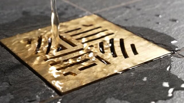 Gold square brass drain cover with flowing water textured stone tile floor and polished brass square drain grate with geometric cutouts dark stone bathroom floor, water pouring into metal drain