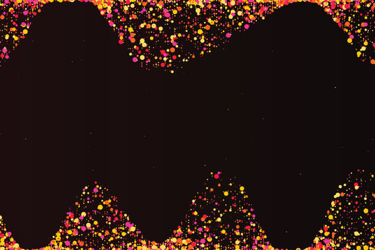 Vibrant confetti border of red, orange, and yellow circles on dark background, abstract dots