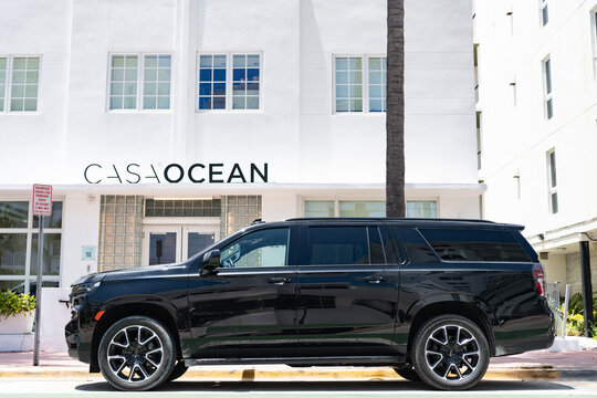 Miami, Florida, USA - July 27, 2025: Chevrolet Suburban 2023 SUV. RST Rally Sport Truck. Luxury SUV car Chevrolet Suburban. Car Chevrolet Suburban parked outdoor. Black Chevy RST, side view.