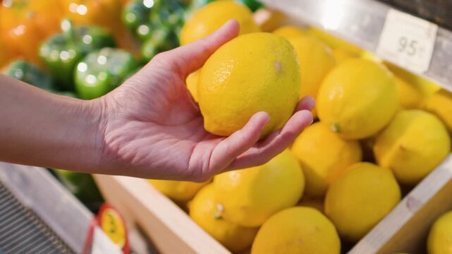 Asian Person Hand Picking Fresh Lemons in Supermarket Produce Section