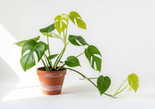 Potted monstera plant with large green leaves in terracotta container on white background