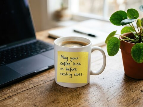 Coffee mug with positive message on sticky note, placed on wood table, next to a laptop and a potted plant, productivity Concept