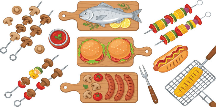 Outdoor Summer BBQ Food Collection Featuring Grilled Fish, Burgers, Sausages, Hot Dogs, and Vegetable Skewers on Wooden Boards for Picnic and Restaurant Menu Designs