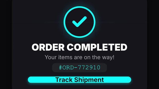 Order Completed with Checkmark and Tracking Information on Dark Background.