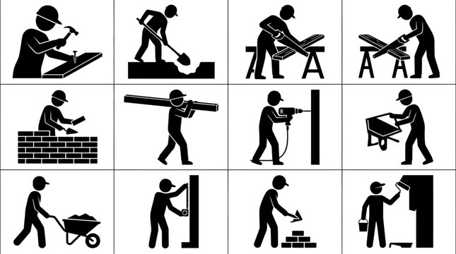 Collection of diverse workforce icons illustrating construction and manual work activities