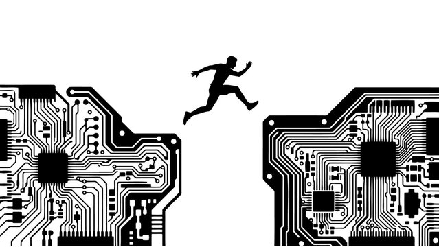 Digital technology leap, a silhouette of a person jumping over a circuit board gap. Overcoming technological challenges, innovation, and progress in the digital world.
