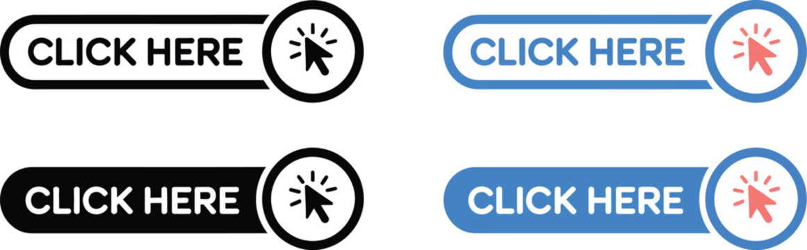 Click here button icons with arrow pointer flat vector illustration