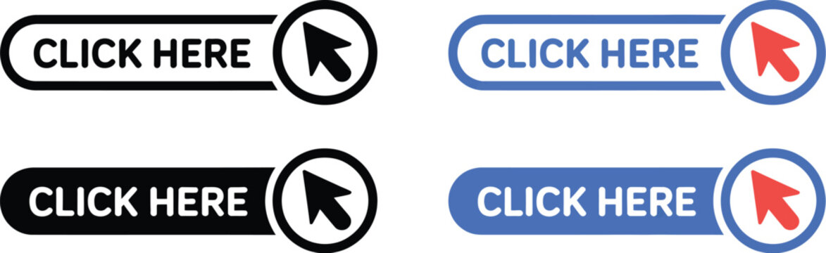 Click here button icons with arrow pointer flat vector illustration