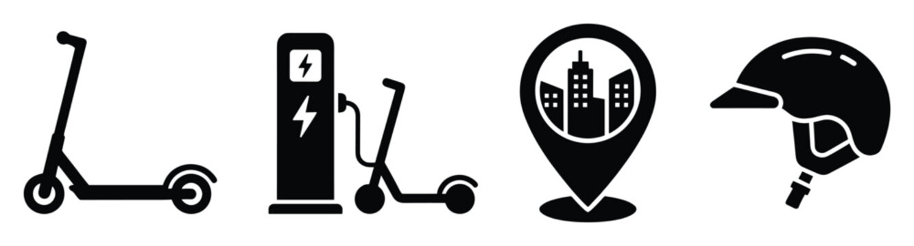Electric scooter, charging station, city pin, helmet for urban mobility applications