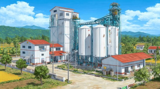 Aerial View of a Modern Grain Storage Facility Surrounded by Lush Green Fields Under a Blue Sky with Fluffy White Clouds, Ideal for Agricultural or Industrial Themes