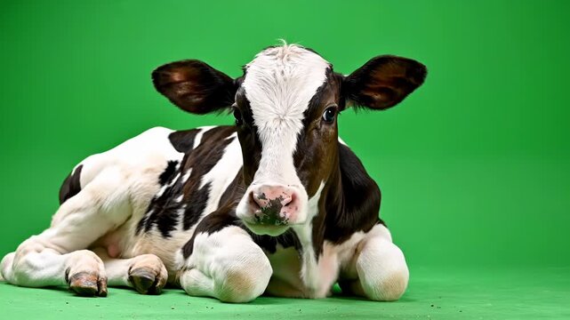 A charming calf with distinctive black and white markings rests comfortably against a vibrant green screen backdrop, capturing a moment of gentle innocence.
