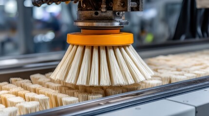 Industrial Brush Manufacturing Process with Close-Up View of Rotating Brush in Action on Production Line Featuring Fiber Bristles and Machinery Components