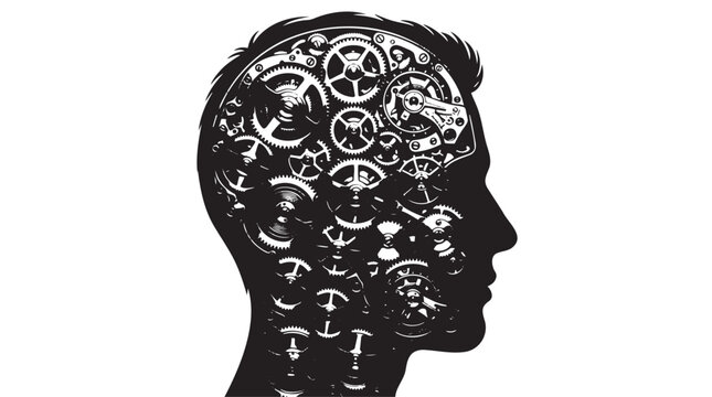 Intricate human head silhouette with complex clockwork gears, a detailed mechanical mind concept. Abstract vector illustration representing thought, intelligence, and problem-solving.