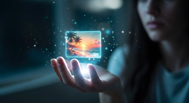 Woman Holding Holographic Tropical Vacation Card