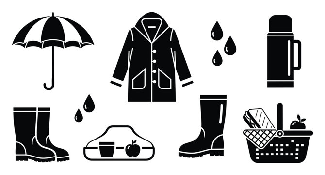 Outdoor rain and picnic gear including umbrella, raincoat, boots, thermos, basket