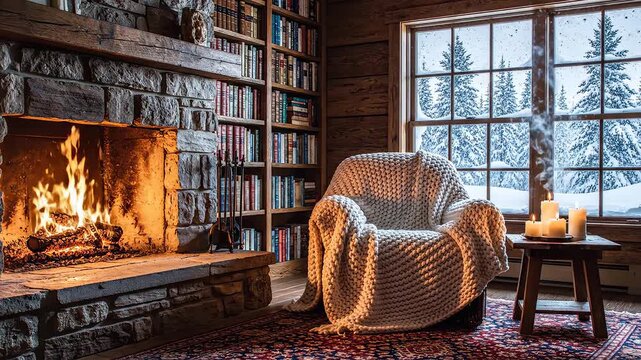 Cozy cabin interior with fireplace and snowy view emphasizing environmental sustainability and eco-tourism
