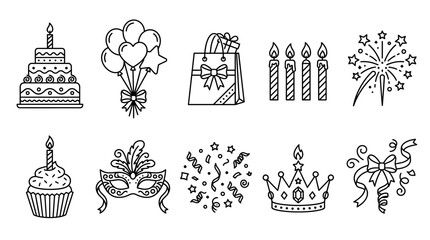 Obraz premium Black and white line art icons for birthday party celebration, including cake, balloons, gifts, candles, fireworks, cupcake, mask, confetti, crown, and bow, in a simple doodle style on white
