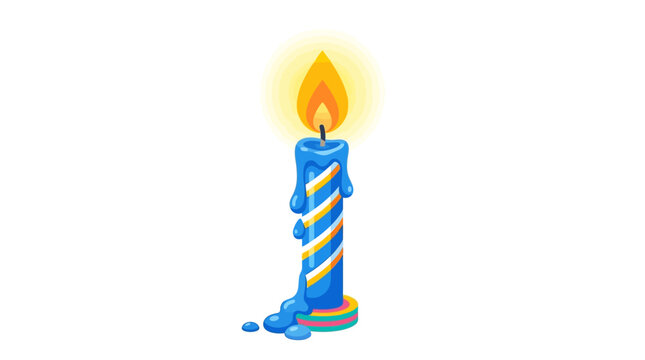 A vibrant blue candle with yellow and orange stripes is lit with a bright flame burning against a white background melting