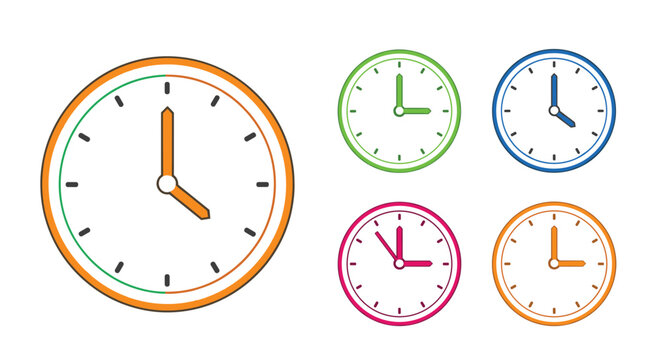 Collection of analog clock faces in various colors and sizes showing different times for time management concepts.
