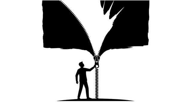Unzipping a dark reality, a man opening a zipper to reveal a hidden world. Concept of discovery, truth, and unveiling secrets. Black and white illustration for abstract ideas and psychological