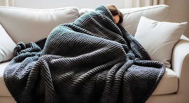 Person Hiding Under Grey Blanket On Sofa