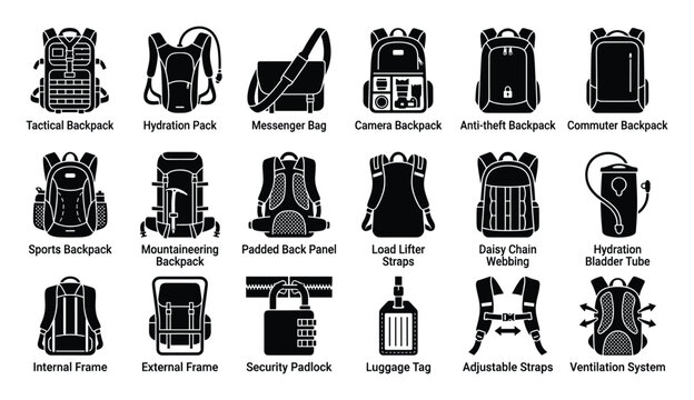 Essential backpack types and accessory features icon set for travel and outdoor gear guides
