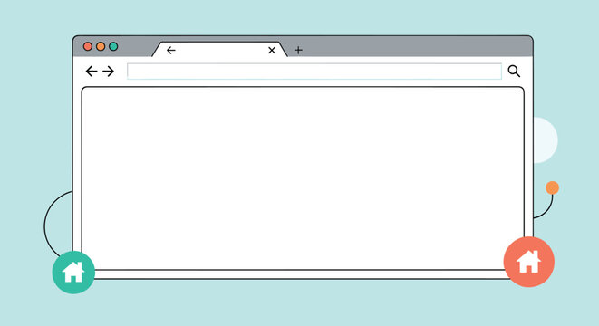 Simple template of an empty web browser window with address bar and navigation icons on a light blue background.