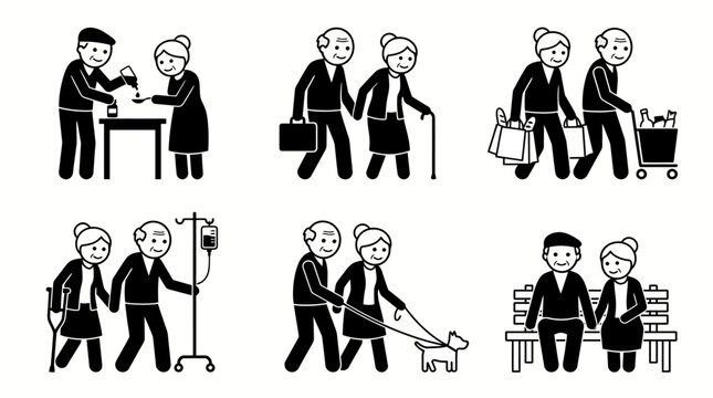 Illustrations depicting the diverse daily life and care scenarios of elderly individuals