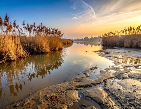 Distorted Reed Reflections in Muddy Riverside Water at Sunrise