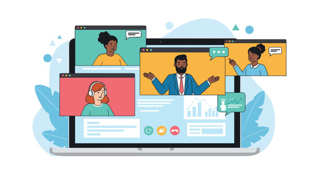 Laptop displaying a video conference with multiple participants highlights the prevalence of remote work and digital group communication today.