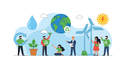 Fototapeta premium Diverse community working with renewable energy and recycling symbols emphasizes the global effort toward environmental sustainability and health.