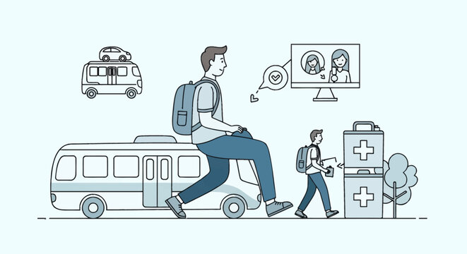 Minimalist line art illustration showing a man with a backpack straddling a public bus, featuring conceptual icons for carpooling, remote video communication, and medical services.