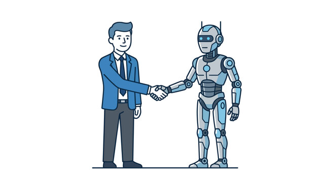 Professional businessman in a blue suit and tie shakes hands with a sleek, futuristic robot, symbolizing collaboration and partnership in technology and business development on a white backg