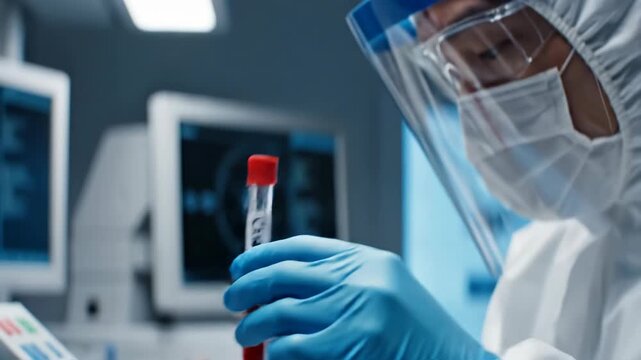 A healthcare professional in protective gear examines a test tube labeled 'Covid-19' in a laboratory setting, highlighting the ongoing efforts in disease diagnosis and research.