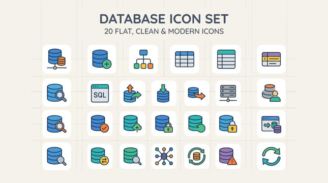 Database icon set flat design elements for data management and storage