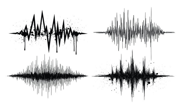 Dynamic sound wave visualizer designs with grunge splatter textures for music and audio applications